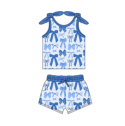6.12 Preorder (moq 5)Baby Girls Blue Bows Sleeveless Bows Vest Top Pockets Short Set