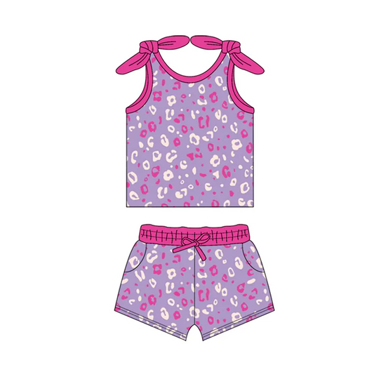 6.12 Preorder (moq 5)Baby Girls Hot Pink Bows Sleeveless Leopard Vest Top Pockets Short Set