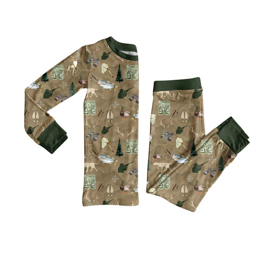 6.12 Preorder (moq 5)Baby Boys Green Long Sleeves Deer Ducks Fishing Top Pant Pajamas Set