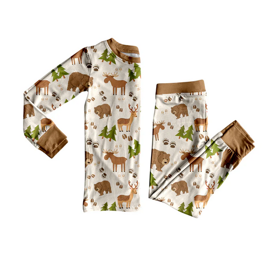 6.12 Preorder (moq 5)Baby Boys Brown Long Sleeves Deer Bears Trees Top Pant Pajamas Set