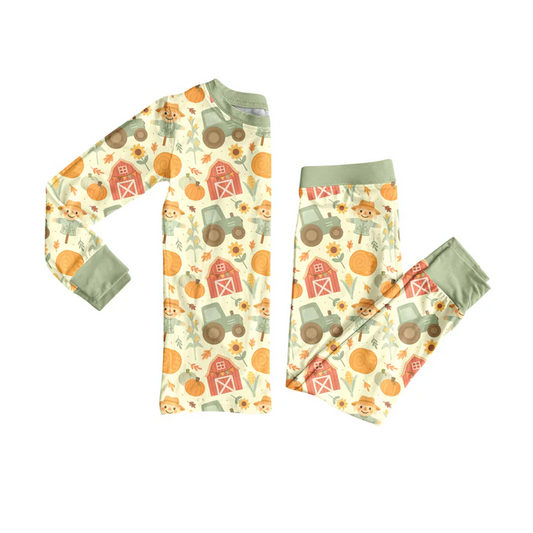 6.12 Preorder (moq 5)Baby Boys Yellow Long Sleeves Pumpkins House Top Pant Farm Pajamas Set