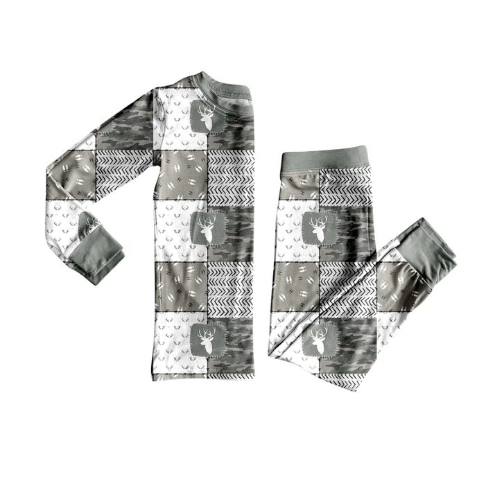 6.12 Preorder (moq 5)Baby Boys Gray Long Sleeves Deer Camo Plaid Top Pant Pajamas Set