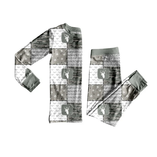 6.12 Preorder (moq 5)Baby Boys Gray Long Sleeves Deer Camo Plaid Top Pant Pajamas Set