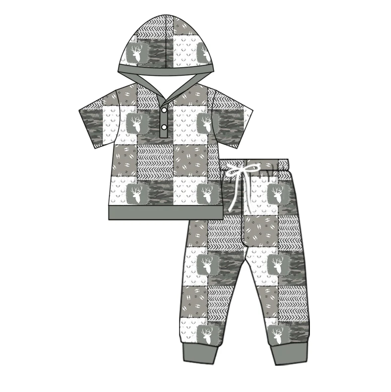 6.12 Preorder (moq 5)Baby Boys Gray Short Sleeves Deer Camo Plaid Hoodies Top Pant Set