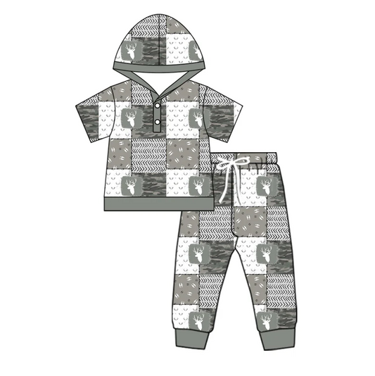 6.12 Preorder (moq 5)Baby Boys Gray Short Sleeves Deer Camo Plaid Hoodies Top Pant Set