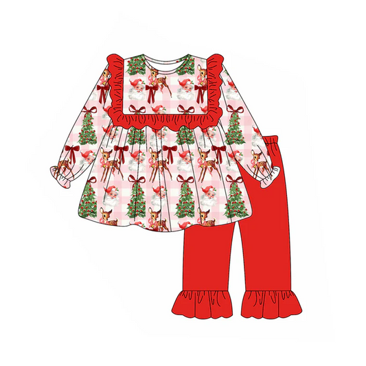 6.12 Preorder (moq 5)Baby Girls Long Sleeves Red Plaid Santa Trees Deer Tunic Ruffle Pant Set
