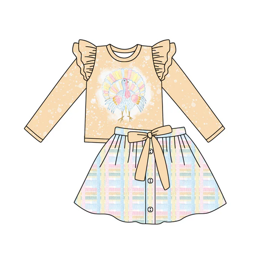 6.12 Preorder (moq 5)Baby Girls Yellow Long Sleeves Turkey Top Plaid Button Skirts Set