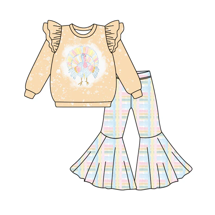 6.12 Preorder (moq 5)Baby Girls Yellow Long Sleeves Turkey Top Plaid Bell Bottom Pant Set