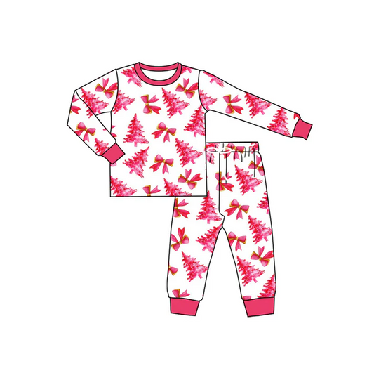 6.12 Preorder (moq 5)Baby Girls Long Sleeves Red Trees Bows Top Pant Pajamas Set
