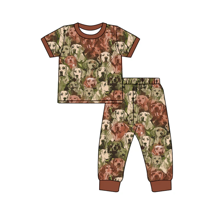 6.12 Preorder (moq 5)Baby Boys Brown Olive Short Sleeves Dogs Top Pant Pajamas Set