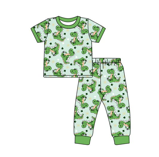 6.12 Preorder (moq 5)Baby Boys Short Sleeves Green Dinosaurs Top Pant Pajamas Set