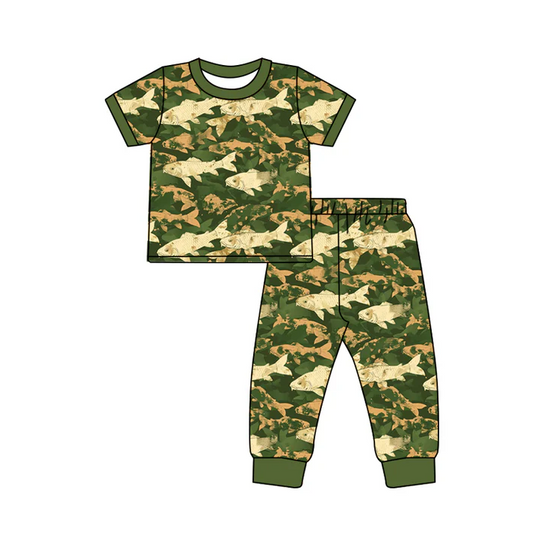 6.12 Preorder (moq 5)Baby Boys Short Sleeves Green Fishes Top Pant Pajamas Set