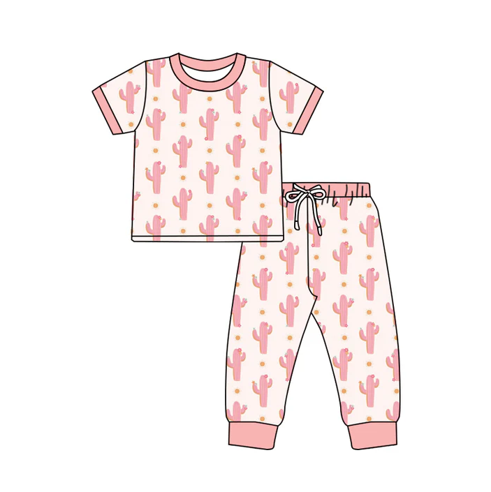 6.12 Preorder (moq 5)Baby Girls Short Sleeves Pink Cactus Polka Dots Top Pant Pajamas Set