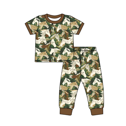 6.12 Preorder (moq 5)Baby Boys Green Short Sleeves Horses Top Pant Pajamas Set
