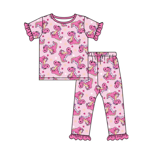 6.12 Preorder (moq 5)Baby Girls Pink Short Ruffle Sleeves Dinosaurs Top Pant Pajamas Set