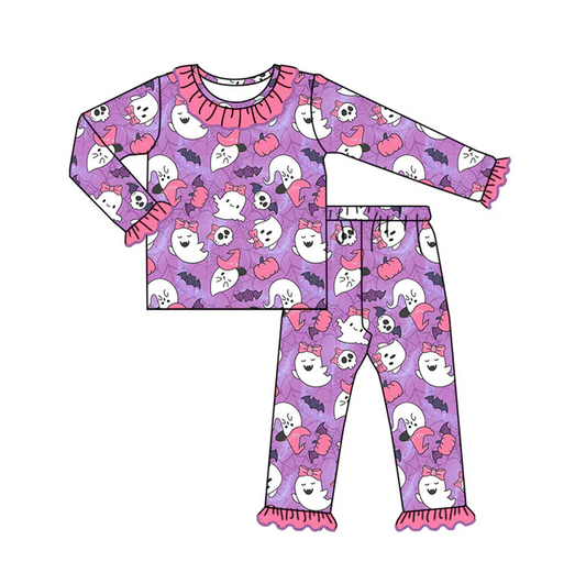 6.12 Preorder (moq 5)Baby Girls Purple Long Ruffle Sleeves Bats Ghosts Top Pant Pajamas Set