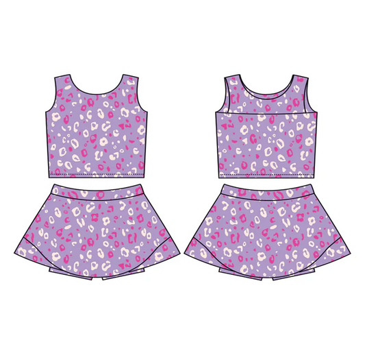 6.12 Preorder (moq 5)Baby Girls Purple Sleeveless Leopard Vest Top Short Skirts Set