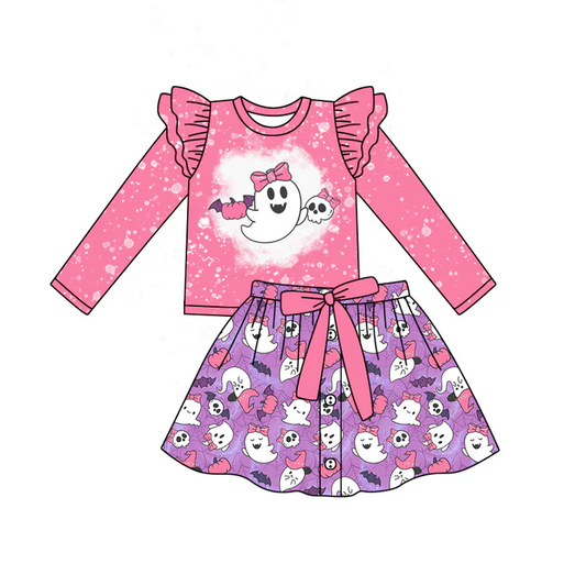 6.12 Preorder (moq 5)Baby Girls Hot Pink Long Sleeves Bow Ghosts Top Purple Button Skirts Set