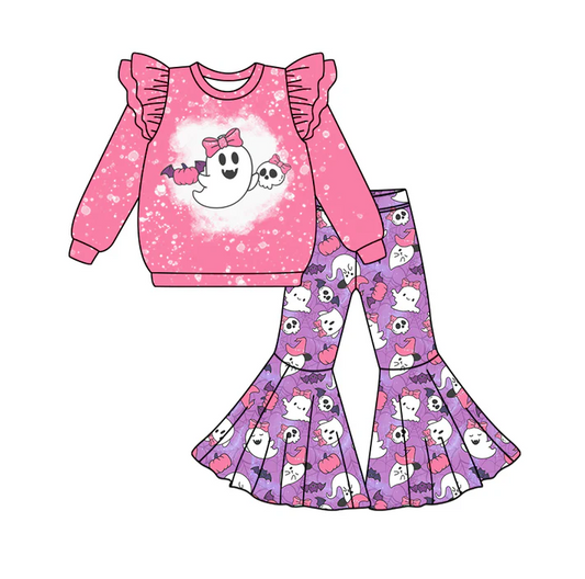 6.12 Preorder (moq 5)Baby Girls Hot Pink Long Sleeves Bow Ghosts Top Purple Bell Bottom Pant Set