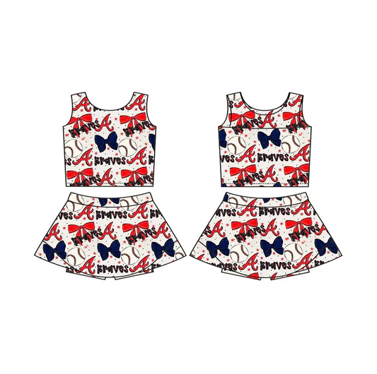 6.12 Preorder (moq 5)Baby Girls Braves Baseball Team Sleeveless Top Skorts Sets