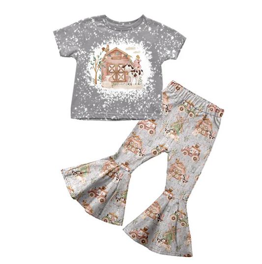 6.13 Baby Girls Grey Shirt Farm Bell Pants Clothes Sets preorder(moq 5)