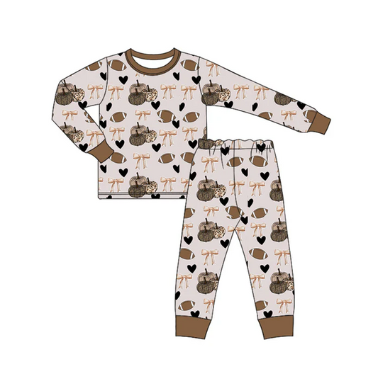 6.14 Preorder (moq 5)Baby Boys Lavender Long Sleeves Footballs Bows Pumpkins Top Pant Pajamas Set