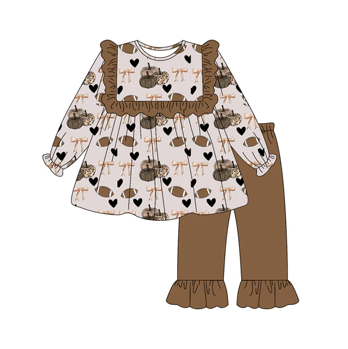 6.14 Preorder (moq 5)Baby Girls Long Ruffle Sleeves Footballs Bows Pumpkins Tunic Pant Set