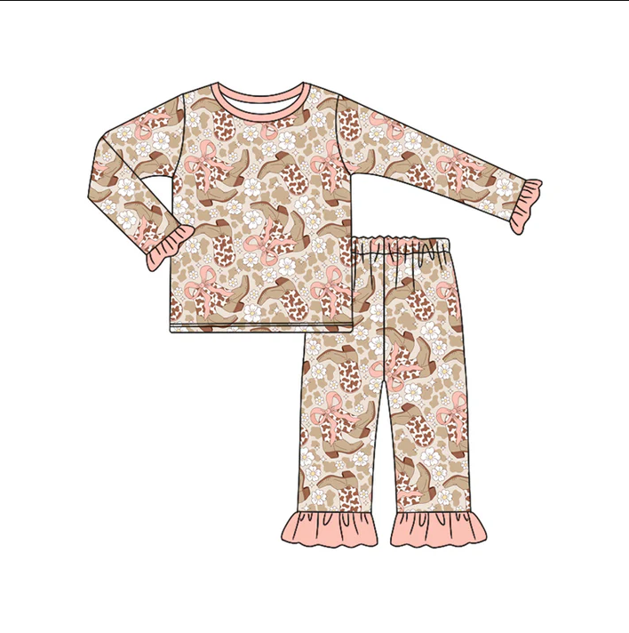 6.14 Preorder (moq 5)Baby Girls Pink Long Ruffle Sleeves Camo Bows Boots Top Pant Pajamas Set