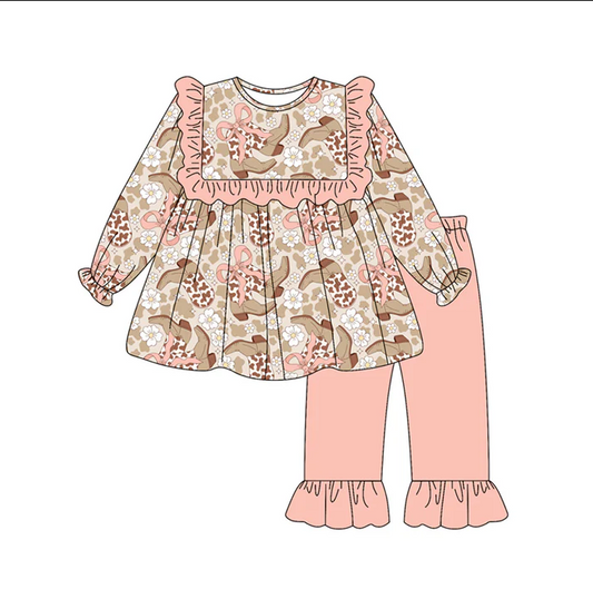 6.14 Preorder (moq 5)Baby Girls Pink Long Sleeves Camo Bows Boots Tunic Ruffle Pant Set
