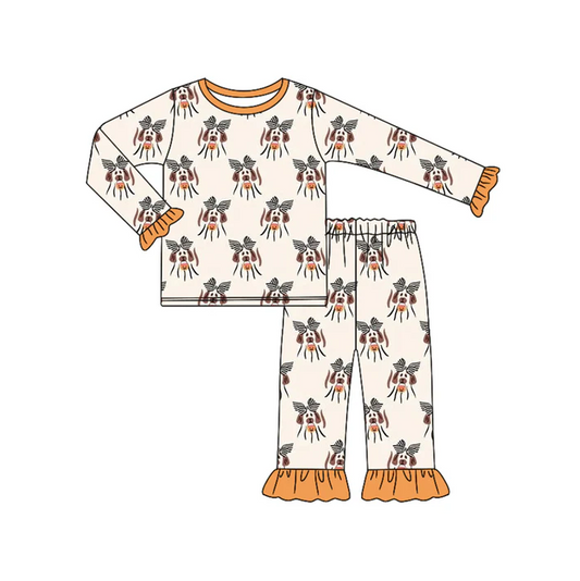 6.14 Preorder (moq 5)Baby Girls Long Ruffle Sleeves Bows Dogs Top Pant Pajamas Set