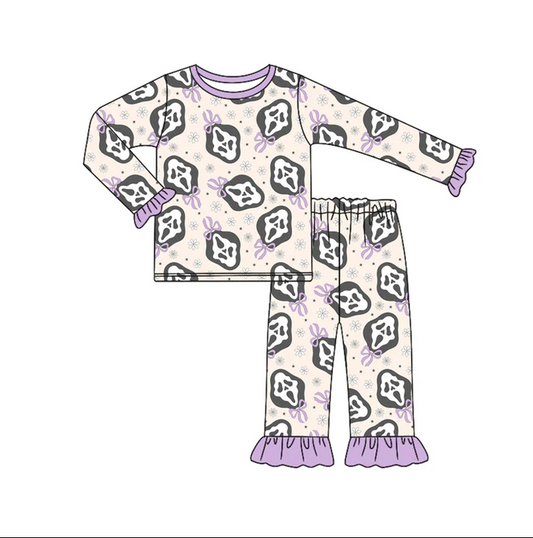 6.14 Preorder (moq 5)Baby Girls Lavender Long Ruffle Sleeves Bows Ghosts Top Pant Pajamas Set