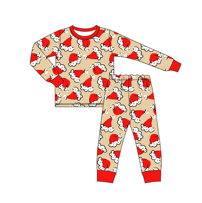 6.14 Preorder (moq 5)Baby Boys Long Sleeves Red Christmas Hats Top Pant Pajamas Set