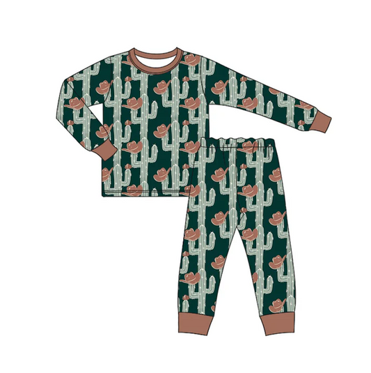 6.14 Preorder (moq 5)Baby Boys Dark Green Long Sleeves Hats Cactus Top Pant Pajamas Set