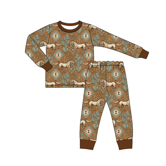 6.14 Preorder (moq 5)Baby Boys Brown Long Sleeves Aztec Horses Top Pant Pajamas Set