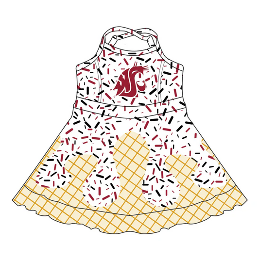 6.14 Preorder (moq 5)Baby Girls Strap Drip Red Cougars Shorts Ruffle Team Knee Length Dresses