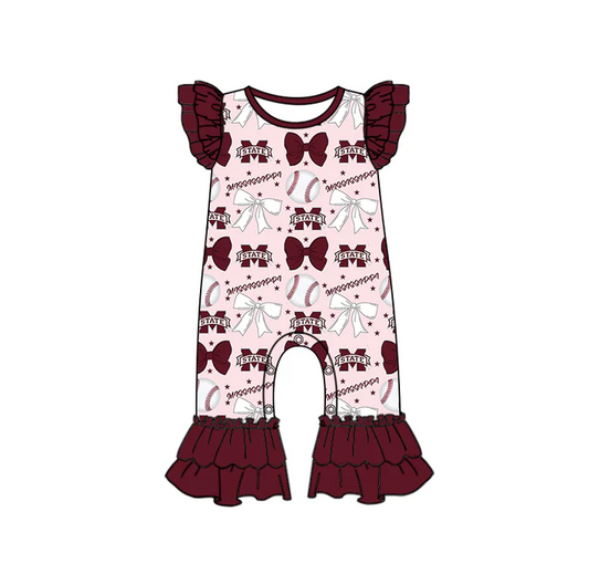 6.16 Preorder (moq 5)Baby Girls Dark Red Flutter Sleeves Baseball Bows M State Ruffle Pant Team Rompers