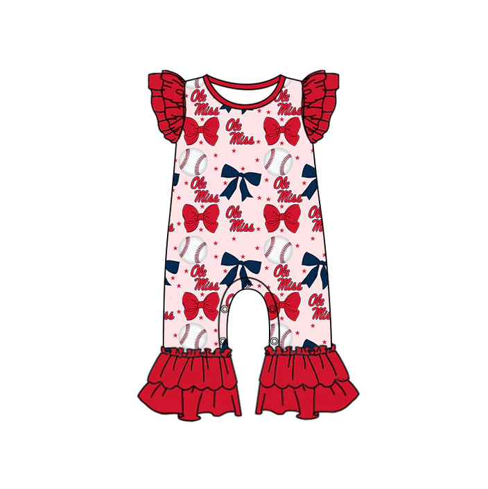 6.16 Preorder (moq 5)Baby Girls Red Flutter Sleeves Baseball Bows Ole Miss Ruffle Pant Team Rompers