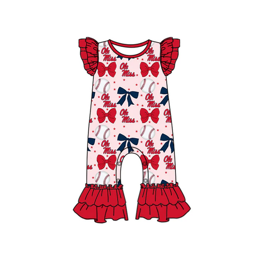 6.16 Preorder (moq 5)Baby Girls Red Flutter Sleeves Baseball Bows Ole Miss Ruffle Pant Team Rompers