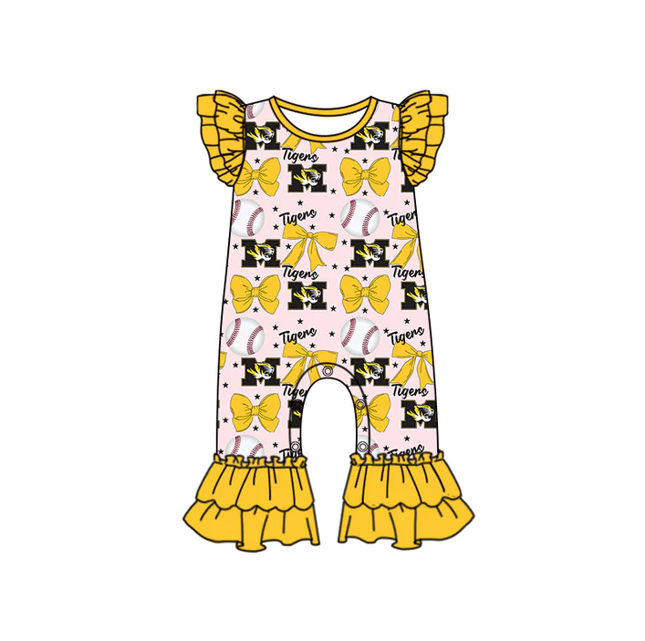6.16 Preorder (moq 5)Baby Girls Yellow Flutter Sleeves Baseball Bows M Tiger Ruffle Pant Team Rompers