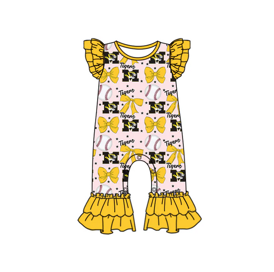 6.16 Preorder (moq 5)Baby Girls Yellow Flutter Sleeves Baseball Bows M Tiger Ruffle Pant Team Rompers