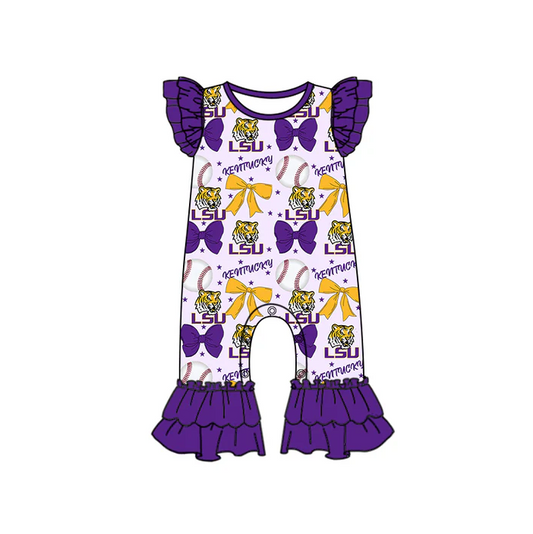 6.16 Preorder (moq 5)Baby Girls Purple Flutter Sleeves Baseball Bows LSU Tiger Ruffle Pant Team Rompers