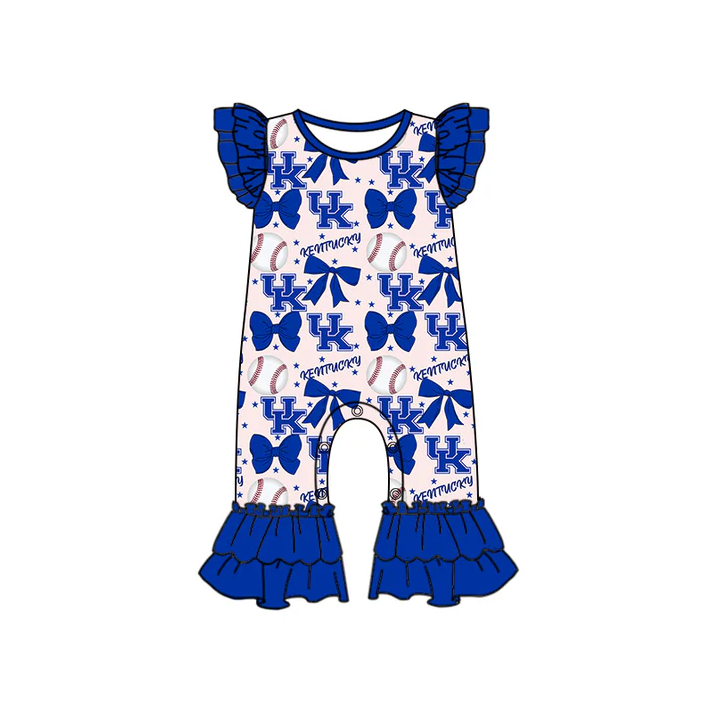 6.16 Preorder (moq 5)Baby Girls Blue Flutter Sleeves Baseball Bows UK Ruffle Pant Team Rompers