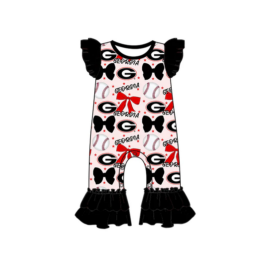 6.16 Preorder (moq 5)Baby Girls Black Flutter Sleeves Baseball Bows Georgia Ruffle Pant Team Rompers