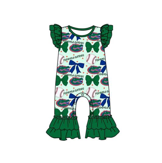 6.16 Preorder (moq 5)Baby Girls Green Flutter Sleeves Baseball Bows Crocodiles Ruffle Pant Team Rompers