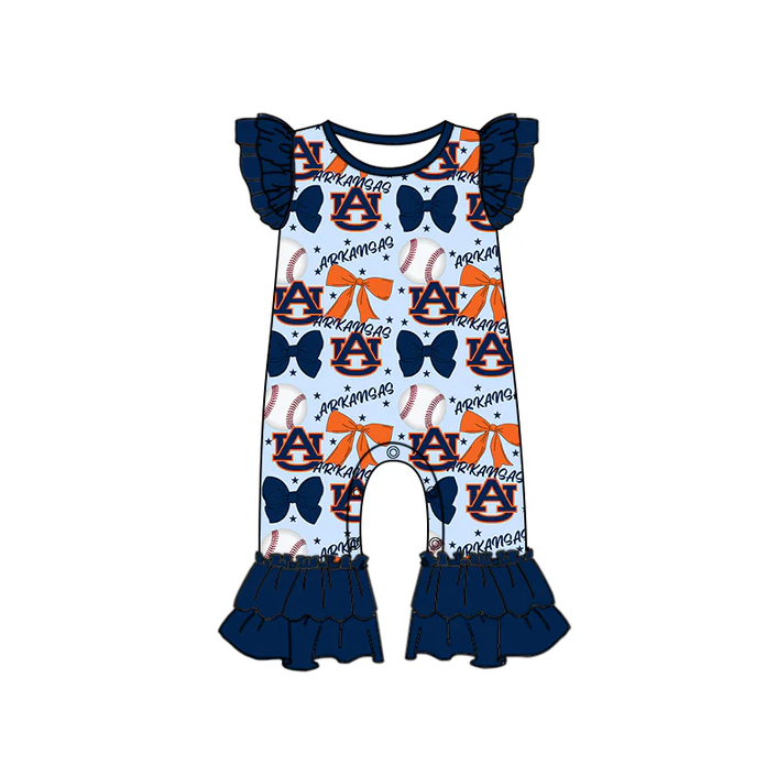 6.16 Preorder (moq 5)Baby Girls Navy Flutter Sleeves Baseball Bows Arkansas Ruffle Pant Team Rompers