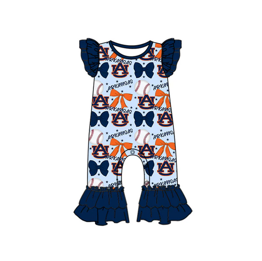 6.16 Preorder (moq 5)Baby Girls Navy Flutter Sleeves Baseball Bows Arkansas Ruffle Pant Team Rompers