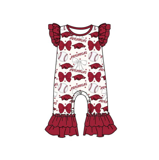 6.16 Preorder (moq 5)Baby Girls Dark Red Flutter Sleeves Baseball Bows Arkansas Ruffle Pant Team Rompers