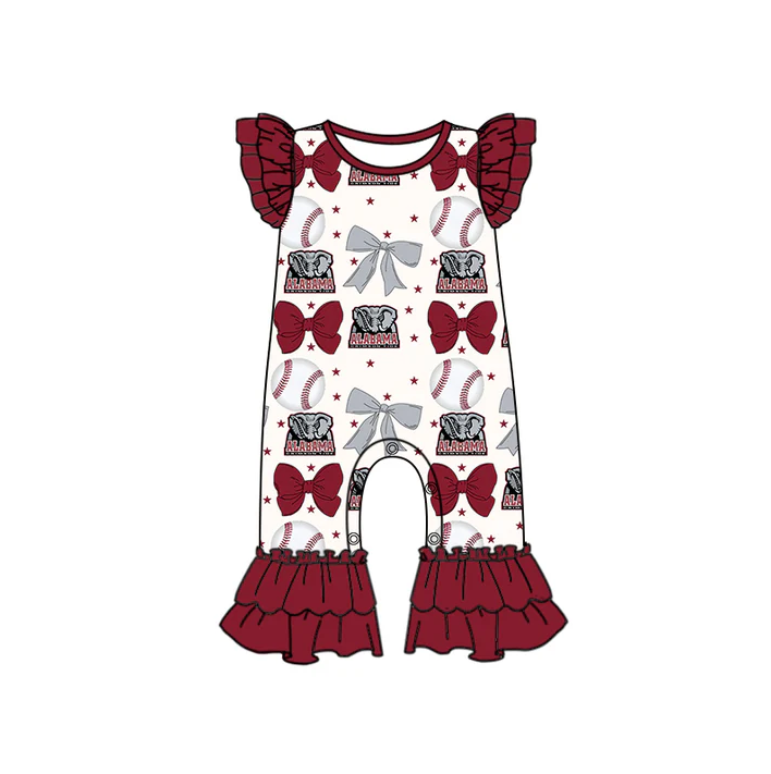 6.16 Preorder (moq 5)Baby Girls Dark Red Flutter Sleeves Baseball Bows Alabama Ruffle Pant Team Rompers
