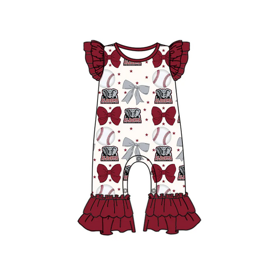 6.16 Preorder (moq 5)Baby Girls Dark Red Flutter Sleeves Baseball Bows Alabama Ruffle Pant Team Rompers