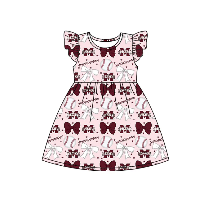 6.16 Preorder (moq 5)Baby Girls Flutter Sleeves Baseballs Bows M State Team Knee Length Dresses